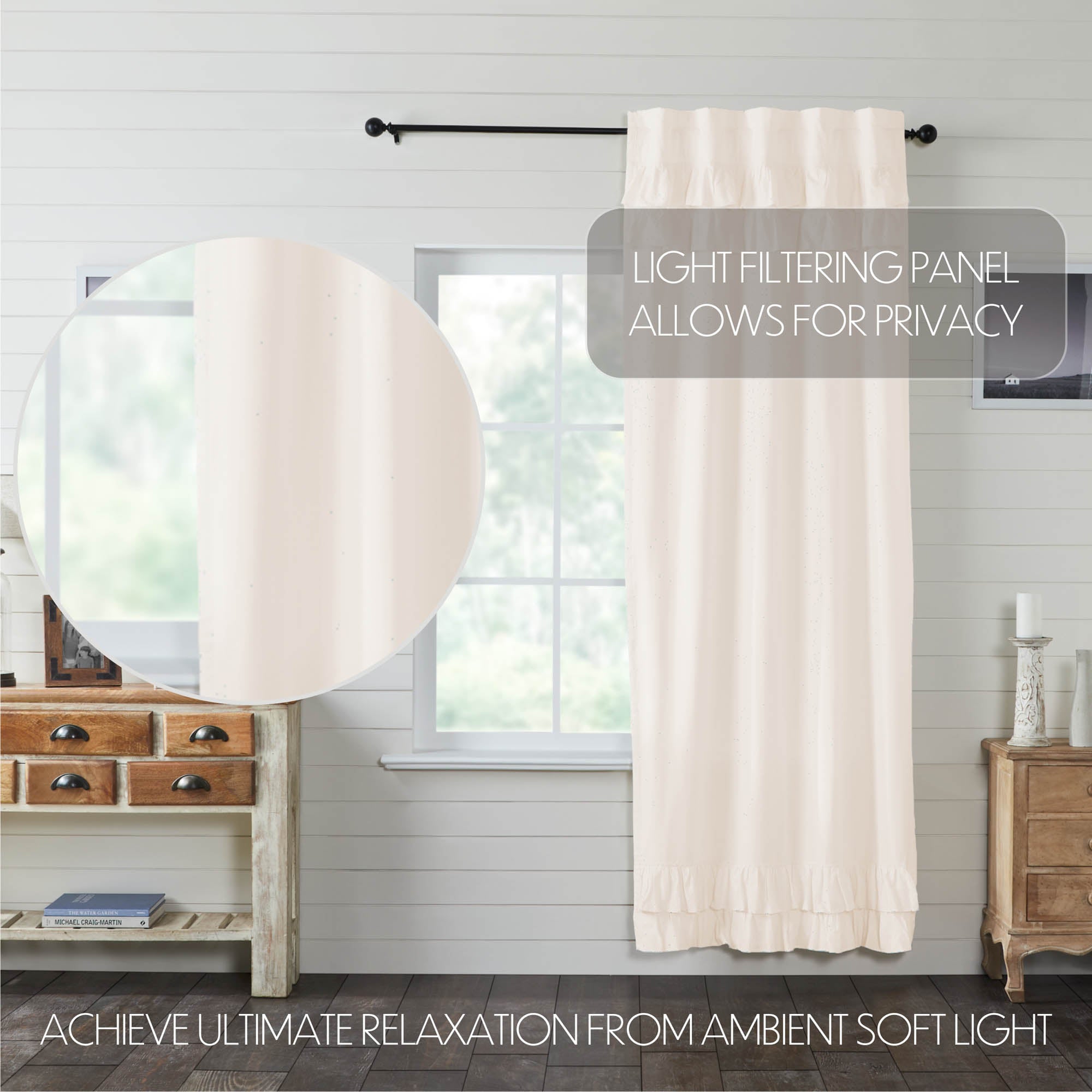 Simple Life Flax Antique White Ruffled Panel Curtain 96"x40" VHC Brands