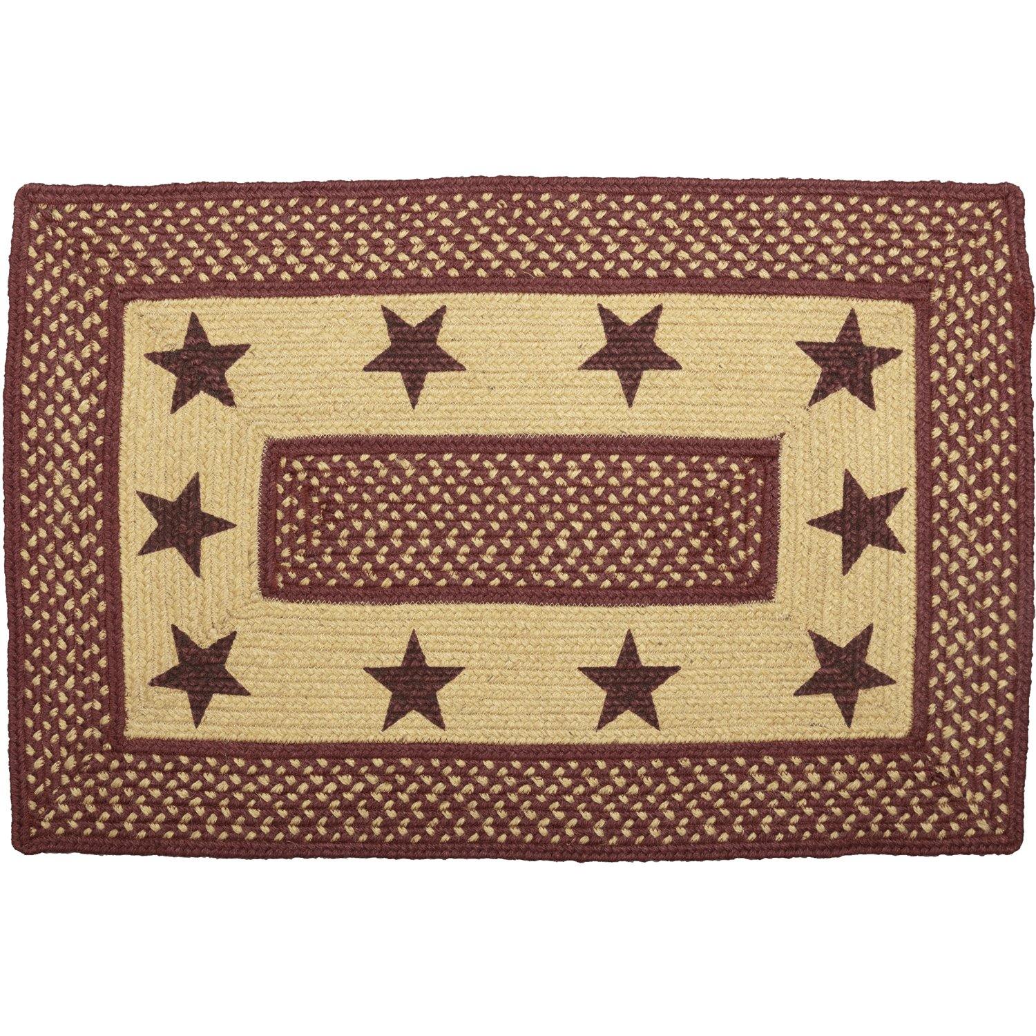 Burgundy Red Primitive Jute Braided Rug Rect Stencil Stars 20"x30" with Rug Pad VHC Brands - The Fox Decor