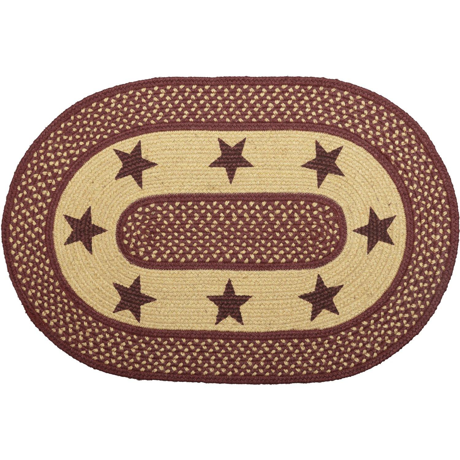 Burgundy Red Primitive Jute Braided Rug Oval Stencil Stars 20"x30" with Rug Pad VHC Brands - The Fox Decor