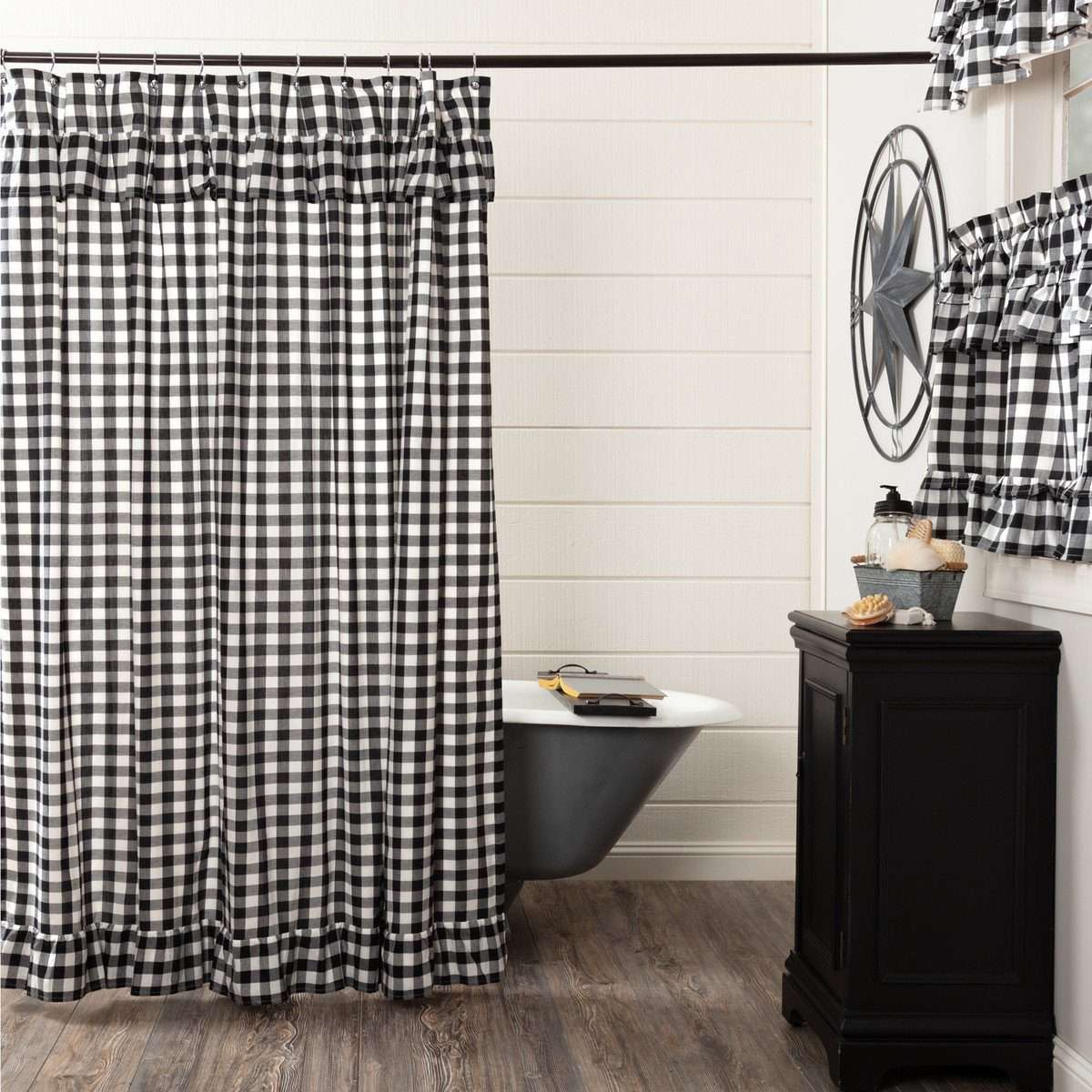 Annie Buffalo Black/Red Check Ruffled Shower Curtain 72"x72" curtain VHC Brands Black 