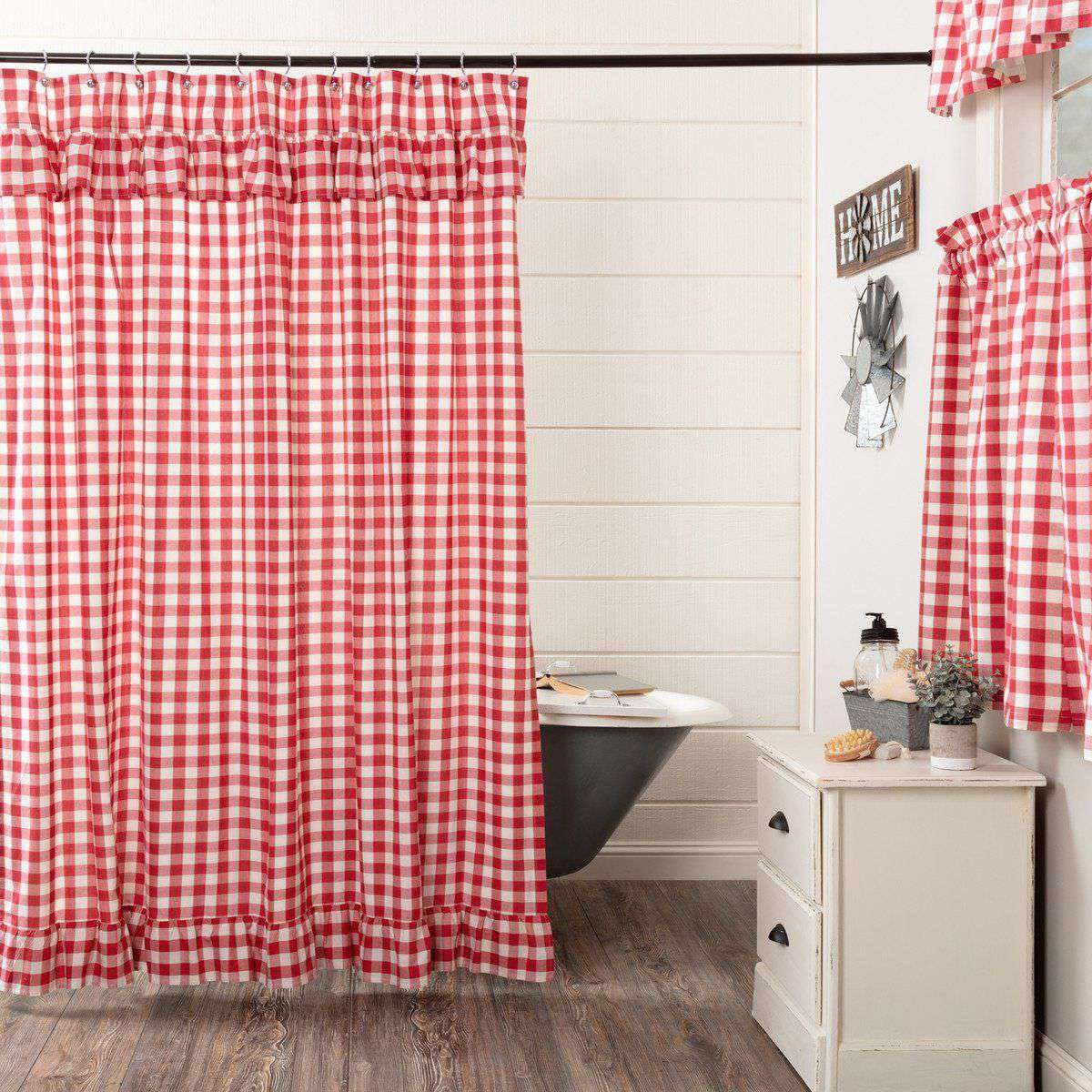 Annie Buffalo Black/Red Check Ruffled Shower Curtain 72"x72" curtain VHC Brands Red 