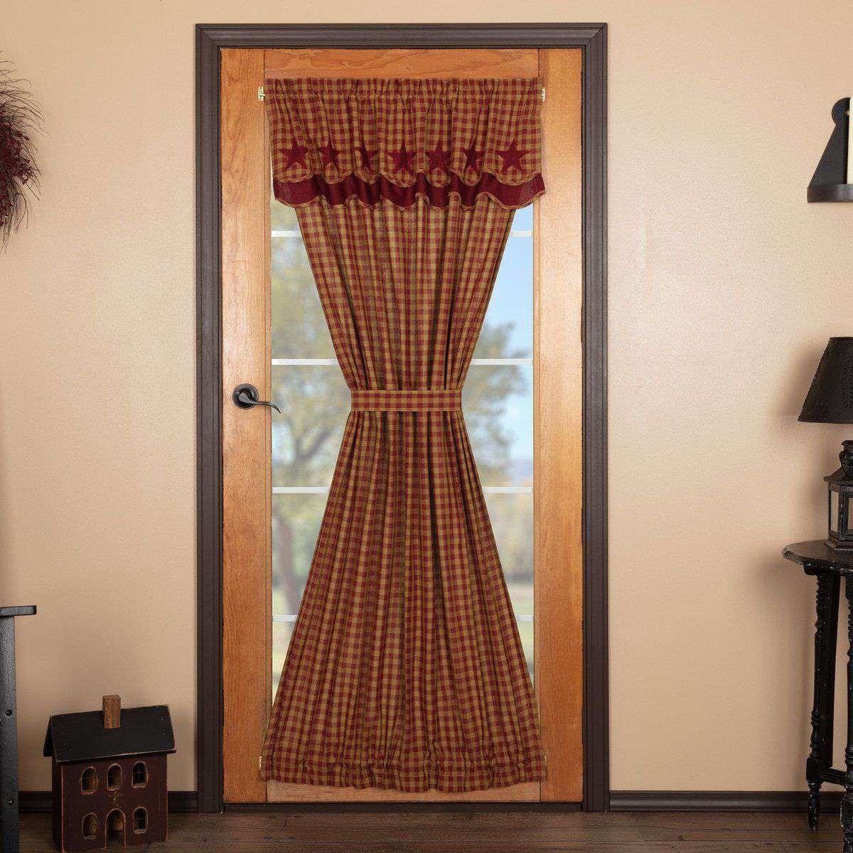 Burgundy Star Door Panel with Attached Scalloped Layered Valance 72"x40" curtain VHC Brands 