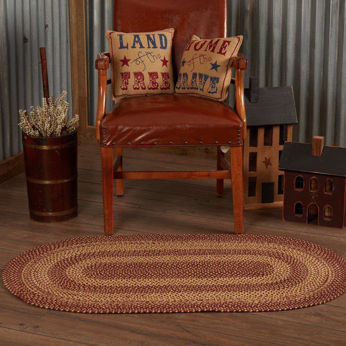 Burgundy Tan Jute Braided Rugs Oval VHC Brands Rugs VHC Brands 