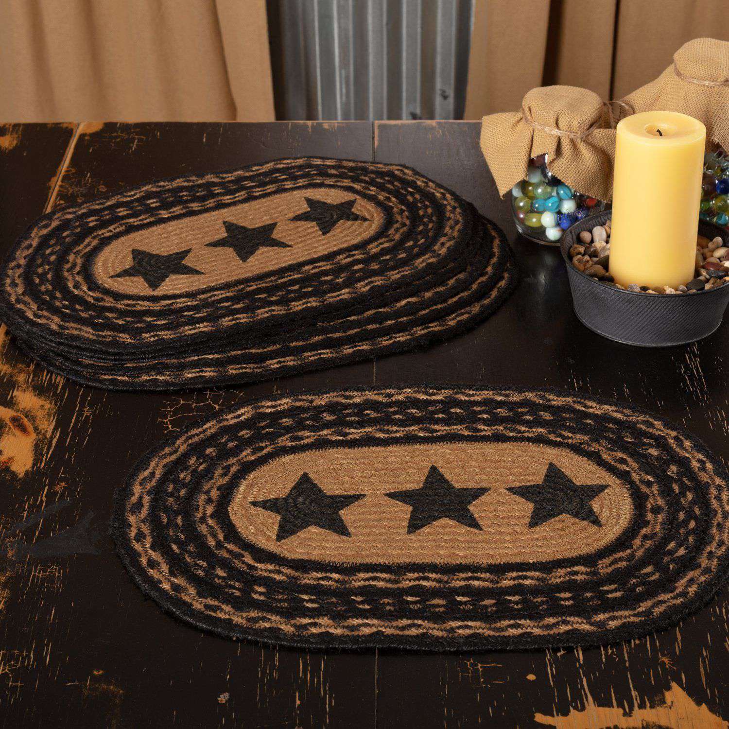 Farmhouse Jute Braided Placemats Stencil Stars Set of 6 table mats VHC Brands 