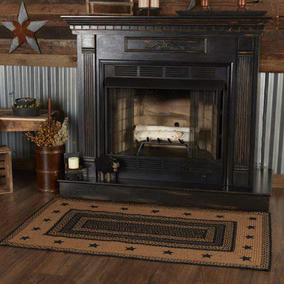 Farmhouse Jute Braided Rugs Rectangular Stencil Stars Country Black, Dark Tan