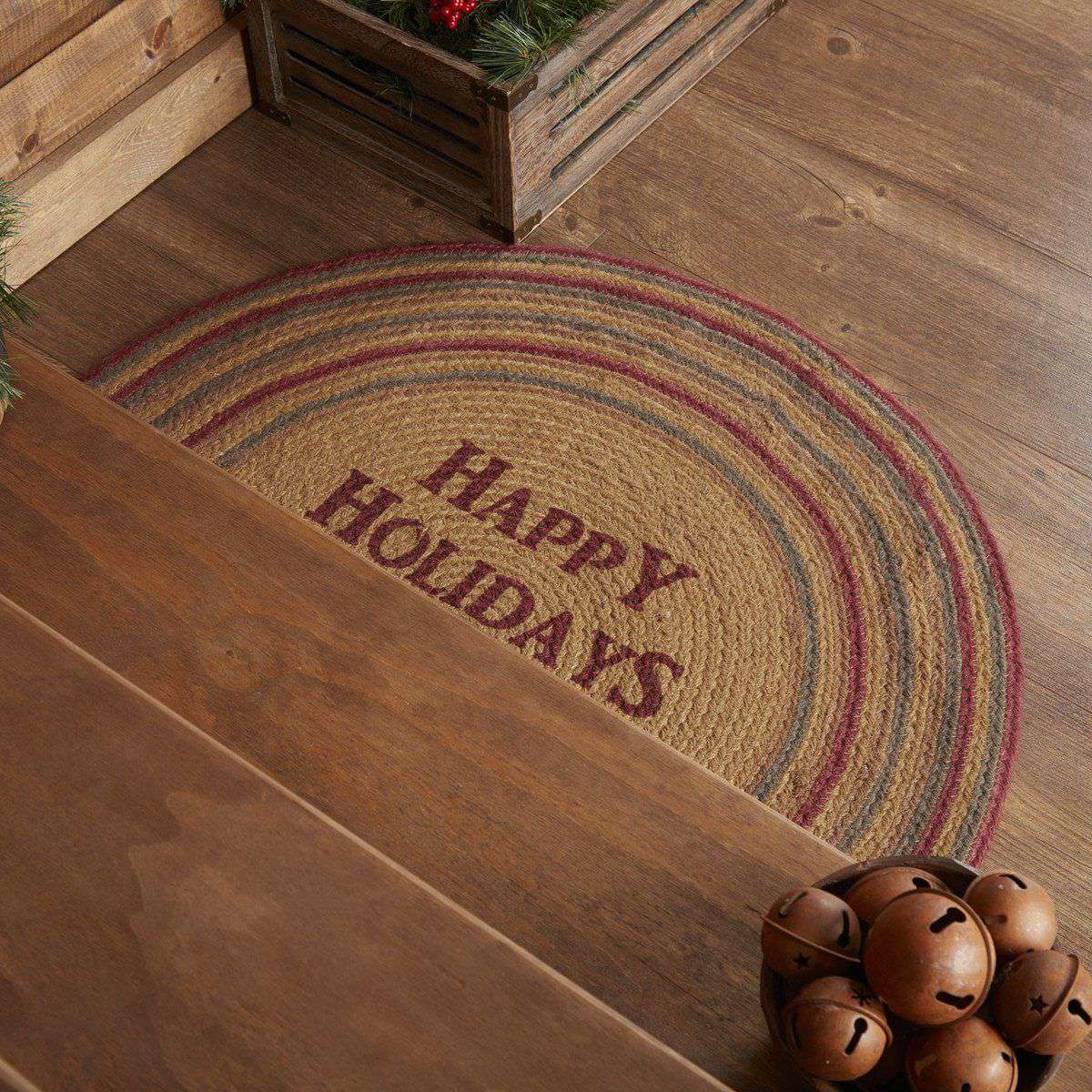 Happy Holidays Stencil Jute Braided Rug Half Circle VHC Brands rugs VHC Brands 