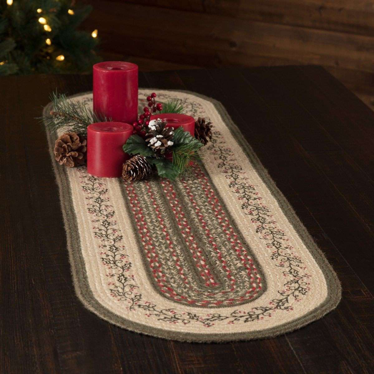 Holly Berry Jute Braided Table Runner table runner VHC Brands 13"x48" 