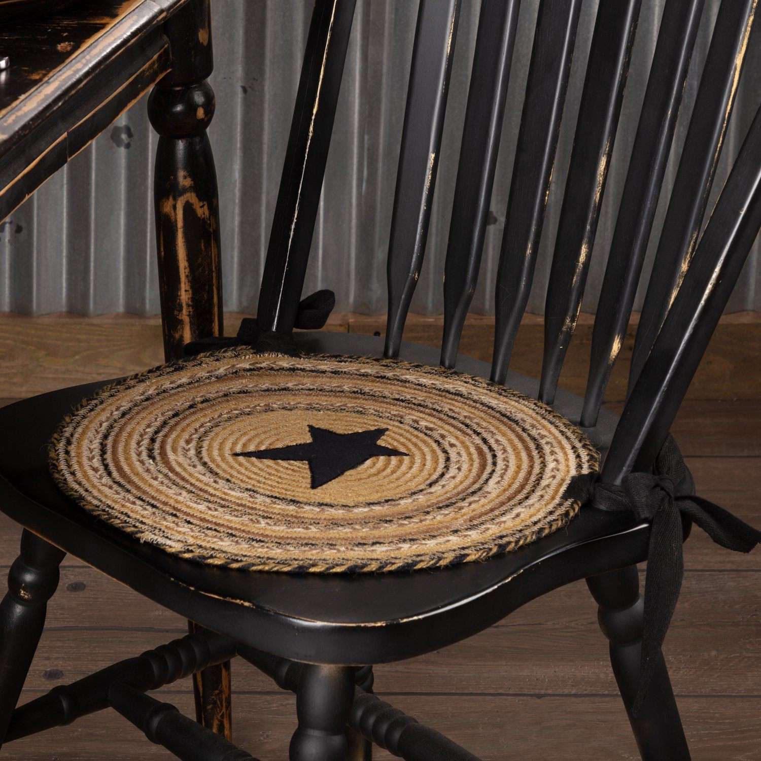 Kettle Grove Jute Braided Chair Pad Applique Star Set of 6 Natural, Black, Caramel Chair Pad VHC Brands 