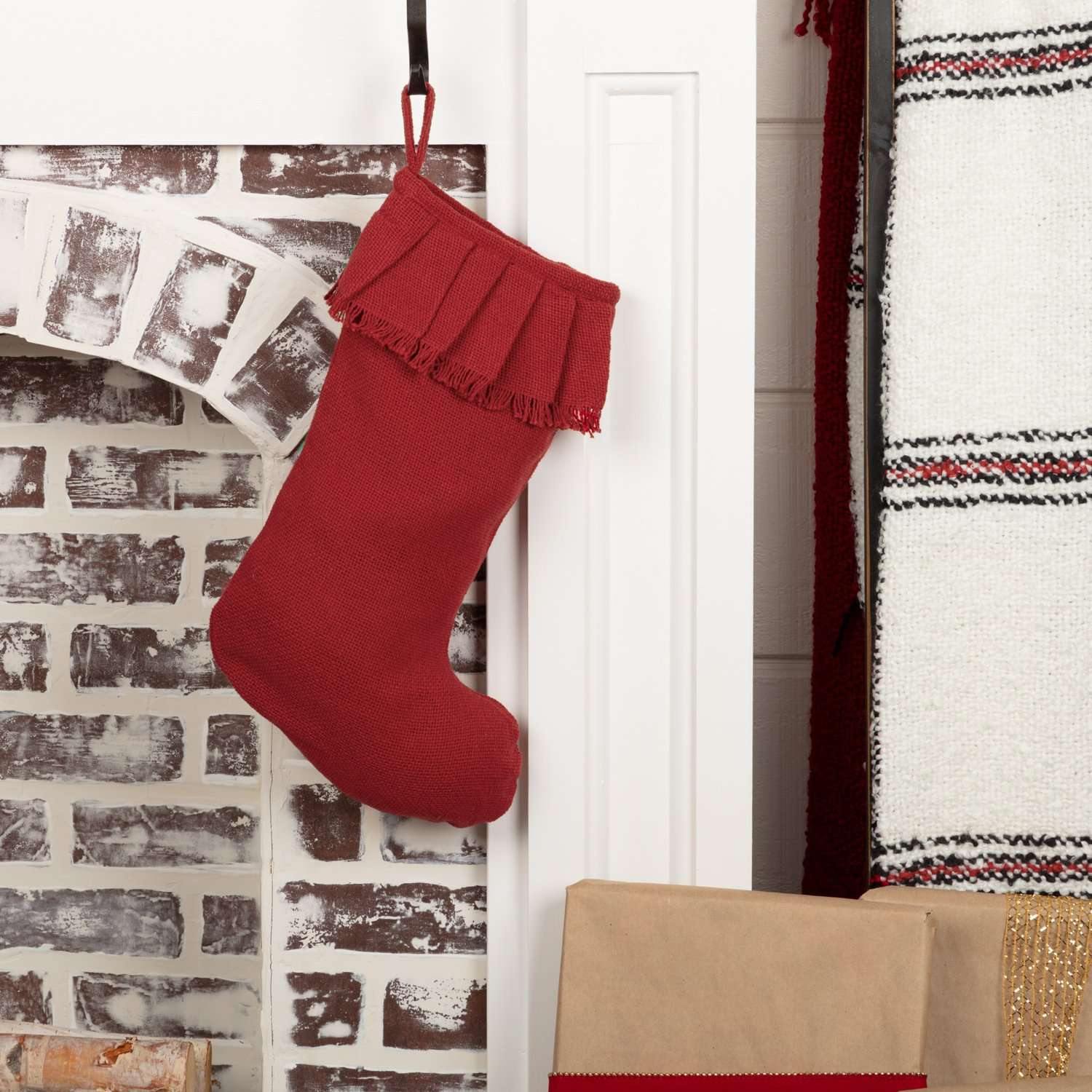 Festive Red Burlap Ruffled Stocking 11x15