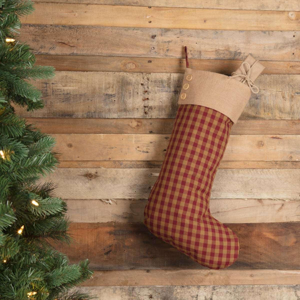 Burgundy Check Button Stocking 12x20