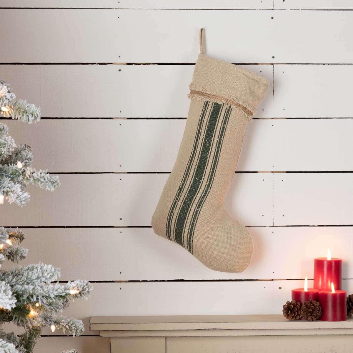 Vintage Burlap Stripe Green Stocking 12x20